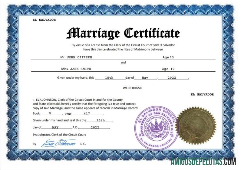 Imprimível modelo Word e PDF de certidão de casamento em El Salvador
